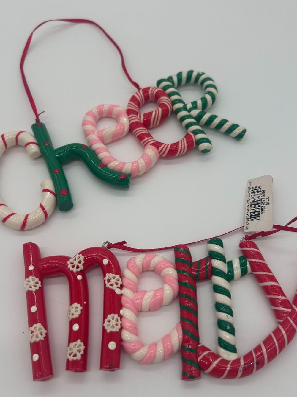 Bright Colorful Pink Striped MERRY CHEER Christmas Ornaments Fun Macys